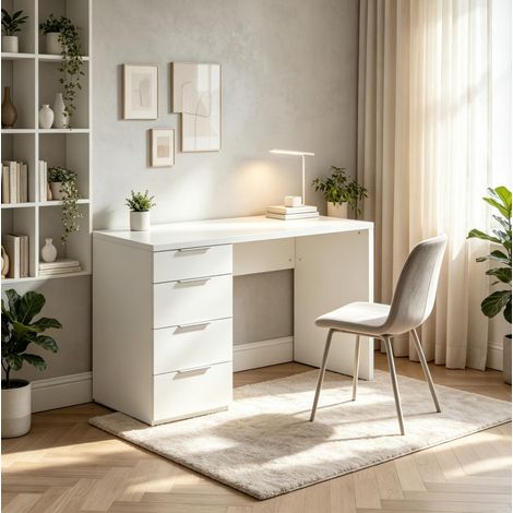 Bureau 110x61,5x75 cm en particules blanc brillant, 4 tiroirs, gain de place – MEUBLIV (1/5)