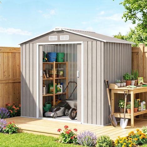Abri de jardin en métal avec aérations et double porte coulissante. 2,1 x 1,3 m. Brun clair.