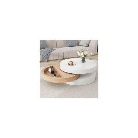 Table basse blanc et bois de saule cylindrique,Plateau Rotation à 360°,3 étagères,Charge 30 kg,Espace de rangement,60 x 60 x 35 cm