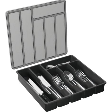 pièce - Boîte de rangement pour couverts - Organisateur pour baguettes, couteaux et fourchettes - avec couvercle - Plateau de rangement pour couverts - Noir (1/5)