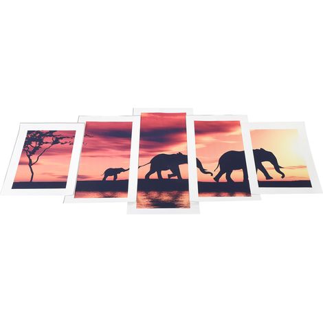 Un ensemble de 5 peintures à l'huile sans cadre représentant des éléphants au coucher du soleil, des peintures murales sur le thème des animaux et des paysages (2 peintures de 20x30 cm, 2 peintures de (1/5)