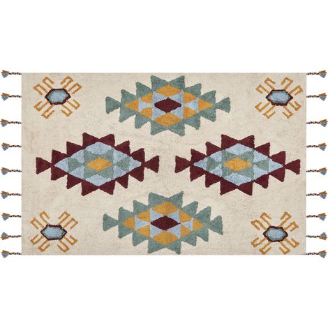 Alfombra de algodón beige claro amarillo verde 140 x 200 cm a mano tribal Duzce