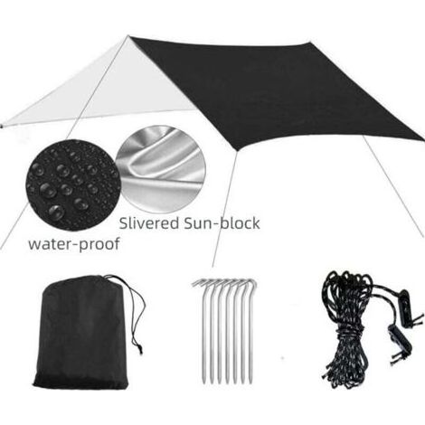 Tente d'abri solaire imperméable 3 m x 3 m, bâche anti-UV, tente de plage, ombrage, hamac de camping en plein air, pare-pluie, auvent de camping, haubans et piquets inclus pour la randonnée, le sac à (1/4)