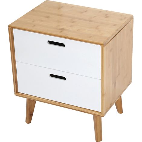 Table de chevet 2 tiroirs style nordique bambou MDF compact robuste design épuré pieds surélevés anti-humidité (1/5)