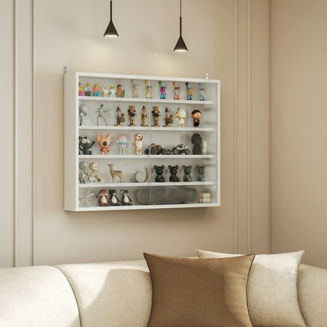 Vetrina a muro in legno con ripiani regolabili e 2 ante scorrevoli in vetro, 80x9,5x60 cm, colore bianco.