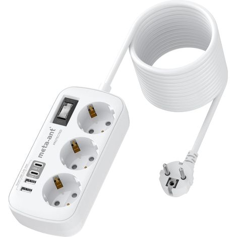 Rallonge de 5 m avec USB 3,4 A 17 W, 3 Prises avec parasurtenseur 4000 W, Prise avec 4 Ports USB (2 USB-C), Montage Mural pour la Maison, Le Bureau, Blanc (1/5)