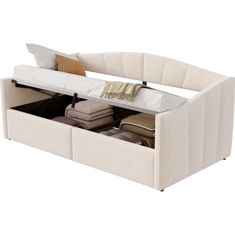 Canapé-lit 90 x 200 cm avec rangement hydraulique, tête de lit et accoudoirs, velours beige, sommier à lattes, 2 places - CHICFURN (1/5)