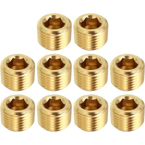 1/8" PT Laiton Hex Tête Fraisée Prises, 10 Paquet Compteur Coulé Interne Filetage Douille Tuyau Bouchons Mâle Raccords pour Eau Huile Gaz - (1/5)