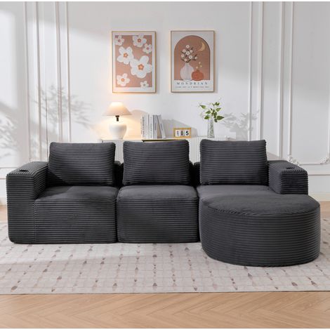 Canapé 265x176x60 cm gris foncé en polyester rembourré avec 3 coussins et 2 porte-gobelets (1/5)