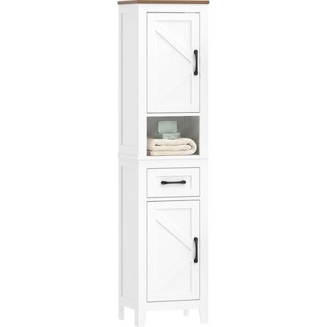 Armoire de salle de bain haute et étroite rustique avec tiroir, étagère ouverte, portes et étagères réglables 34,5x30x148 cm Blanc (1/5)