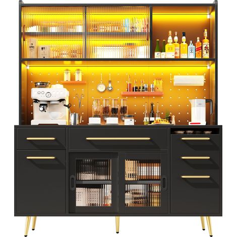Aparador alto de cocina con 2 Cajones, 1 Puerta Corredera, Estantes Ajustables y LED para Cocina en MDF y Vidrio, Negro, 145x39x171 cm (1/5)