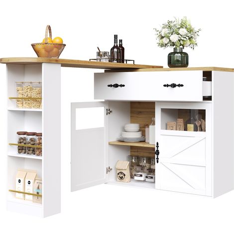 Mesa de Bar Extensible con 1 Cajón, 3 Estantes y Tablero Giratorio 360°, en MDF, 138-204x39x104 cm, Blanco (1/5)