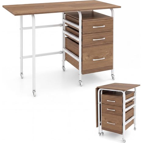 COSTWAY Scrivania Salvaspazio con 3 Cassetti e Ruote Bloccabili, Scrivania Porta PC Pieghevole con Struttura in Metallo per Studio e Ufficio, 105 x 51 x 74 cm (Legno) (1/5)
