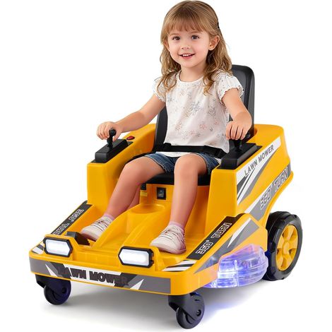 COSTWAY 12V Voiture Électrique Enfants avec Fonction de Tonte, Tondeuse Autoportée Électrique Enfant avec Lumières LED, Rotation à 360°, 2,8 km/h, Charge 35 kg pour 3-8 Ans (Jaune) (1/5)