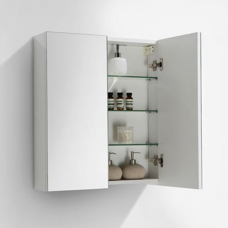 Stano. – Armoire murale de salle de bain 60 cm – Blanc laqué – 3 étagères en verre – Installation murale rapide avec équerres fournies (1/7)
