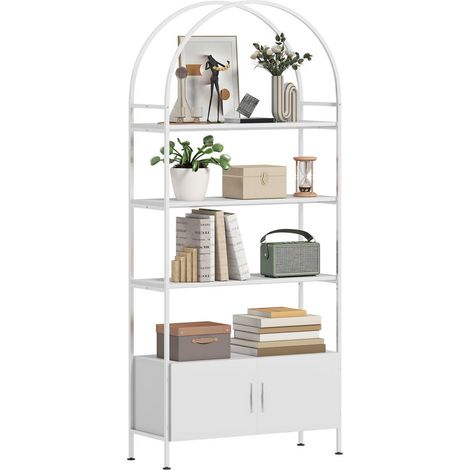 Rangement organisé, étagère de rangement bibliothèque arquée 4 niveaux avec placard double porte, 80 x 30 x 187 cm (1/5)