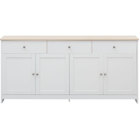 Buffet en MDF blanc et couleur bois, 4 portes et 3 tiroirs, 160x37x75 cm, salon et salle à manger (1/5)