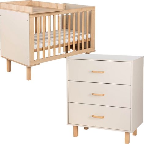 LAURA Ensemble bébé commode et lit évolutif 120x60 Champagne + plan à langer lit