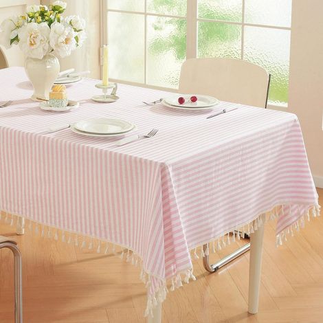 Gestreifte Tischdecke 130x180cm Rosa/Weiß mit Fransen, Baumwoll-Leinen-Mix