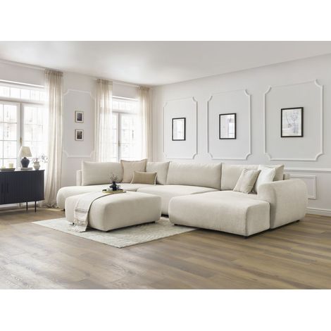 BOBOCHIC - Canapé panoramique convertible coffre LUCIEN tissu lisse avec pouf Angle droit  Beige (1/5)