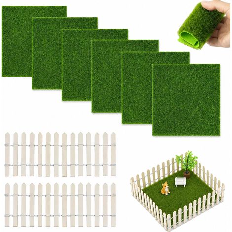 Set 8 pièces pelouse synthétique 15x15 cm + clôture décorative 8,5x27 cm pour jardin miniature, décoration de paysage et projets artisanaux, utilisable en intérieur et extérieur (1/5)
