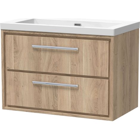 Longnor 2 Drawer Wall Hung Vanity Unit with 1 Tap Hole Modern Fireclay Basin, Light Oak, 800mm