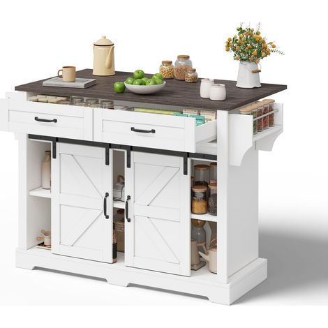 Îlot de cuisine avec plan de travail rabattable, desserte sur roulettes, meuble style grange avec 2 portes coulissantes et 2 tiroirs, blanc, armoire de rangement cuisine, 120×45(70)×91 cm