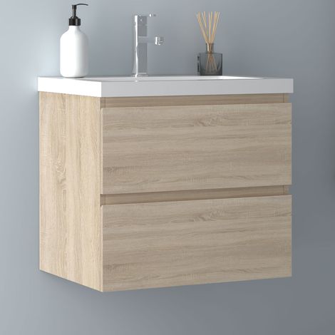 60 cm Badmöbel Set Unterschrank Badezimmer Badezimmermöbel 2 Schubladen Eiche Matt soft close Selbstmontierter Unterschrank mit keramik dick waschtisch