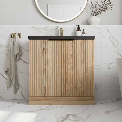 Fluted 800mm Bathroom Vanity Unit Basin Floorstanding Cupboard Soft Close Oak (1/5)