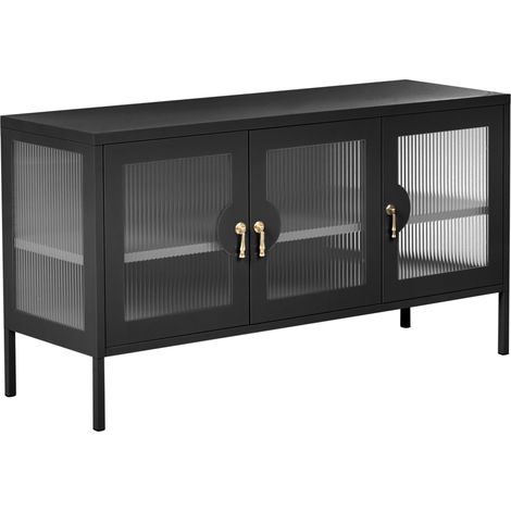 Aparador de 3 puertas armario de metal para oficina puertas de vidrio acanalado estantes estilo industrial negro Gleora (1/5)