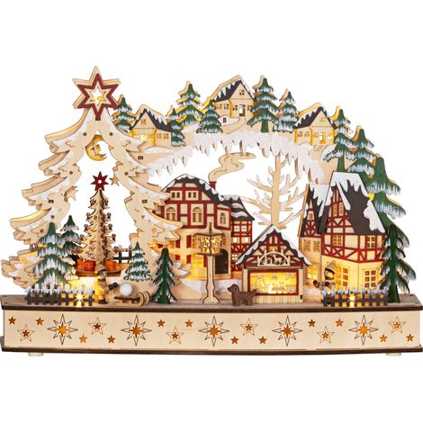 Village de Noël lumineux animé en bois - 45L x 12l x 30H cm, bois naturel - Avec 20 LED et paysage enneigé - Décoration de Noël - Design traditionnel (1/5)
