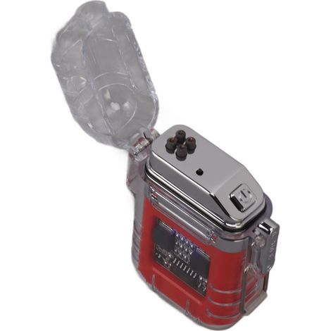 Briquet électrique à double arc, transparent, étanche, résistant au vent et doté d'un indicateur de charge, rouge. (1/5)