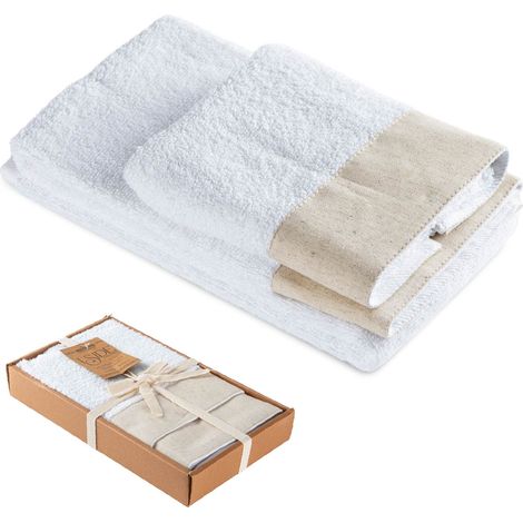 Set Asciugamani Bagno 2 Pezzi con Balza in Lino – Salvietta + Ospite – Morbidi, Super Assorbenti e Delicati sulla Pelle – Certificati OEKO-TEX – Eleganti e Resistenti Bianco