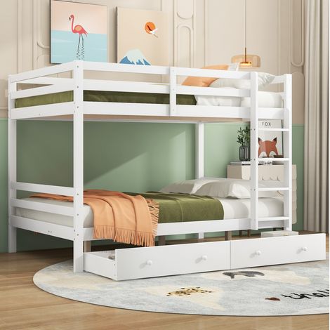 DESVIAE Lit superposé pour enfants 140 x 200 cm avec tiroirs espace de rangement et garde corps hauts blanc (1/5)