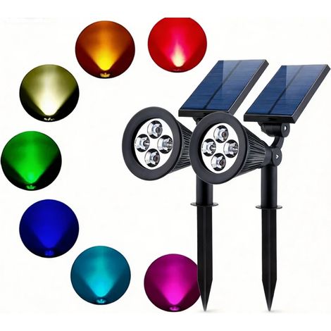 Lot de 2 projecteurs solaires d'extérieur à changement de couleur pour arbres, fleurs, plantes, statues, panneaux ou murs décoratifs éclairage paysager étanche (effet arc-en-ciel) (1/5)