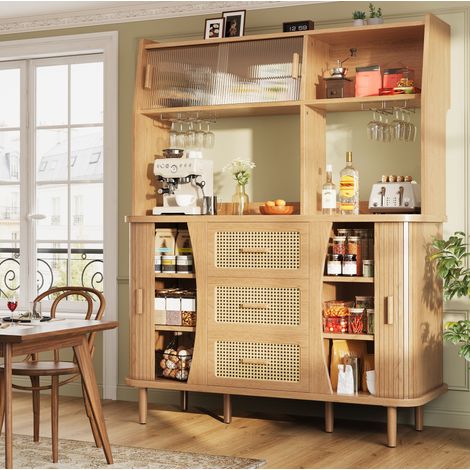 Buffet 140x40,5x174,5 cm en MDF et métal, naturel, avec rangement pour salle à manger FloraGrace (1/5)