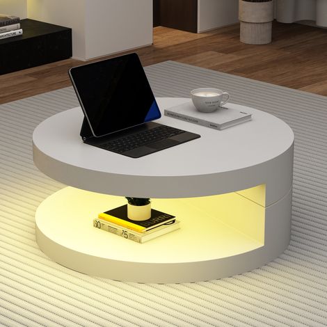 Table basse ronde 70 cm LED rotative MDF blanche HAVRYA (1/5)