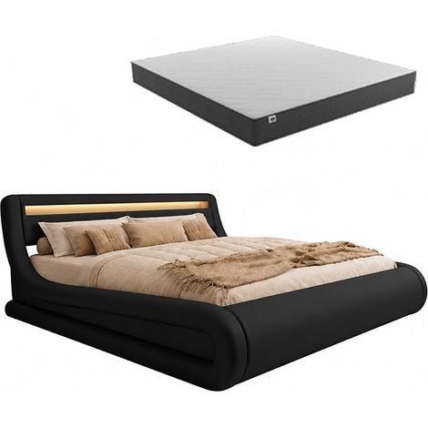 Cama Canapé de matrimonio con colchón  Cama doble con Cabecero y Canapé LED  Somier lamas  Negro  Madera y polipiel  Modelo Rodas  160x200 (1/5)