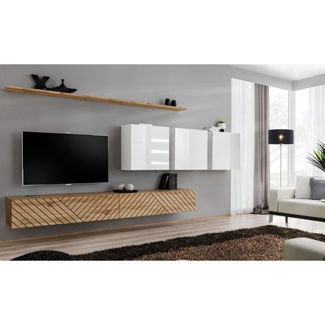 Ensemble de 7 meubles muraux "Switch VII " pour TV en bois - Beige et Blanc - L 340 x H 150 x P 40 cm - Livraison gratuite