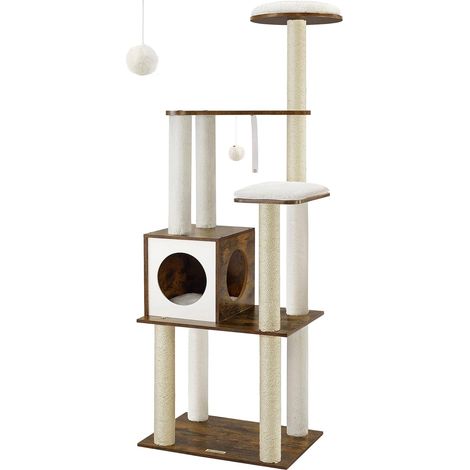 Feandrea – Arbre à chat moderne 165 cm – 9 griffoirs en sisal – Coussins lavables – Niche et plate-forme pour chats d'intérieur – Marron rustique (1/5)