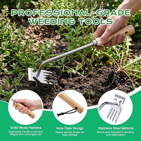 Désherbeur Manuel, Arrache Mauvaise Herbe en Acier Inoxydable, Poignée en Bois, Outil de Désherbage pour Jardinage (1/4)