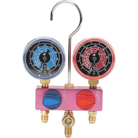 Manifold Diagnostic Air Conditioning with Double Manometer, with Porthole and Ball Valves, for Refrigerants R22, R32 and R410a, for Diagnosis, Maintenance of Car Air Conditioning System (1/5)