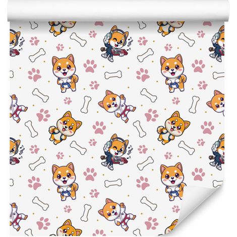 Papier peint chiens blanc, gris clair, or et rose poudré 50x1000 cm (1/5)