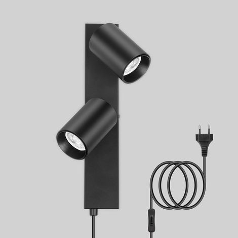 Wall Light with Socket and Switch 2 Spots GU10, Black Modern 350° Rotating Bedside Lamp for Bedroom, Living Room, Hallway, Wall Painting, Without Bulbs (1/5)