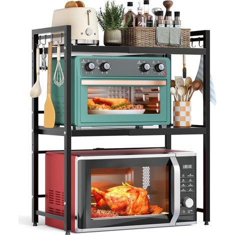 Etagere Micro Onde Cuisine Rangement Extensible, Support pour Micro-Ondes à 3 Niveaux, étagère Plan Travail pour Microwave, Support pour Four, Microwave Oven Storage Rack avec 8 Crochets, Noir (1/5)