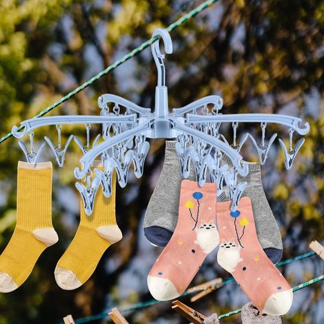 Séchoir à chaussettes pivotant avec 24 clips pliable coupe-vent suspendu pivotant sous-vêtements étendoir pour chaussettes sous-vêtements vêtements de bébé (bleu 1pc) (1/4)