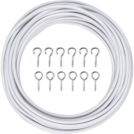 Alambre para cortina de 3 metros, juego de alambre para cortina, cable blanco para cortina, cuerda de alambre para cortina, cable para cortina con 6 ojales y 6 ganchos para barras de cortina