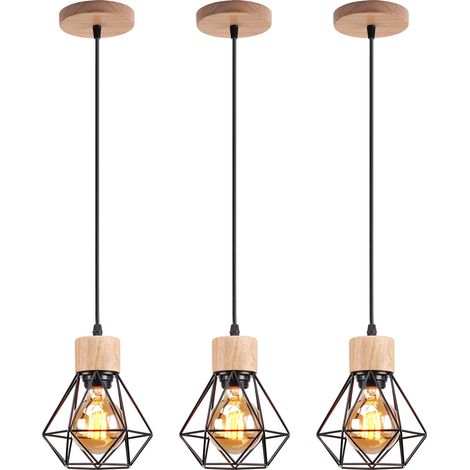 Retro Pendant Light Vintage Pendant Light Black Modern Ceiling Light Indoor Pendant Light Metal Wood Pendant Lights (3PCS) (1/5)