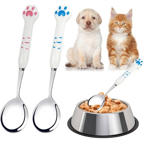 Cucchiaio per cibo per animali, cucchiaio in acciaio inox per cani per dare cibo umido agli animali domestici (rosa, blu) con contenitori a forma di zampa di gatto.