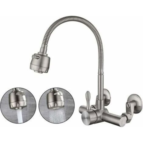 mitigeur Mural Cuisine,Matériau En Acier Inoxydable 304 De Qualité Alimentaire,Rotatif à 360 ° Robinet Mural De Cuisine Des Trous De Montage 6.3CM-24CM (1/4)